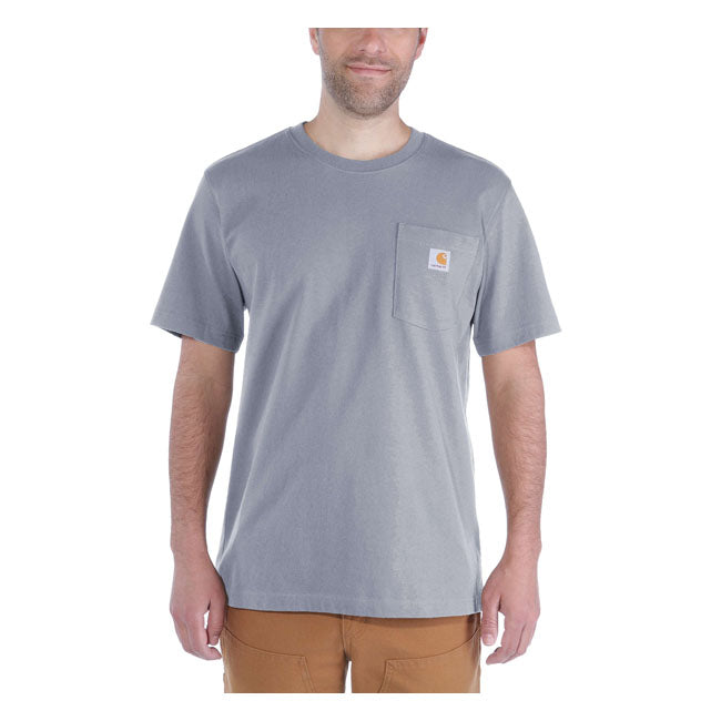 The Carhartt K87 Pocket t-shirt debuted in 1992; it's rugged cotton design and clean looks made it a fast favorite among the hard-working folks who pulled it on. This t-shirt is made with heavyweight cotton built to handle tough days on the job. Cut for a relaxed fit with a chest pocket so you can keep your essentials close. Available in a wide range of classic and seasonal colors. Relaxed Fit Rib knit crew neck Left chest pocket Flat two needle cover stitch hem Carhartt label sewn on pocket Woven 6.