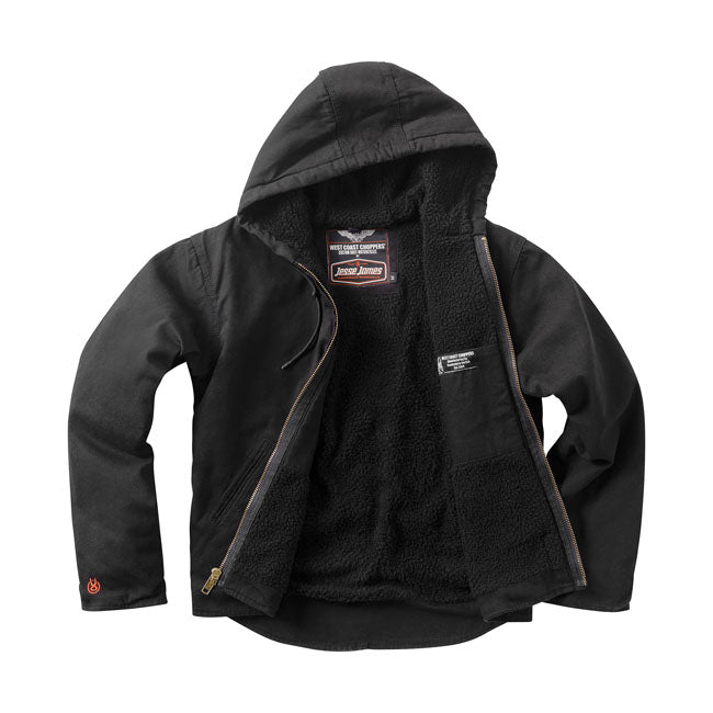 The WCC work jacket is crafted from heavy-duty black canvas and lined with thick sherpa insulation; it's built to handle the cold like a champ while keeping you wrapped in old-school American toughness. The comfort cut gives you room to move; whether you're swinging tools or just making your way through the day. A lined and insulated hood's got your head covered when the weather turns; while front hand pockets and a zippered chest pocket keep your gear close. Inside; you'll find two more pockets; one with a