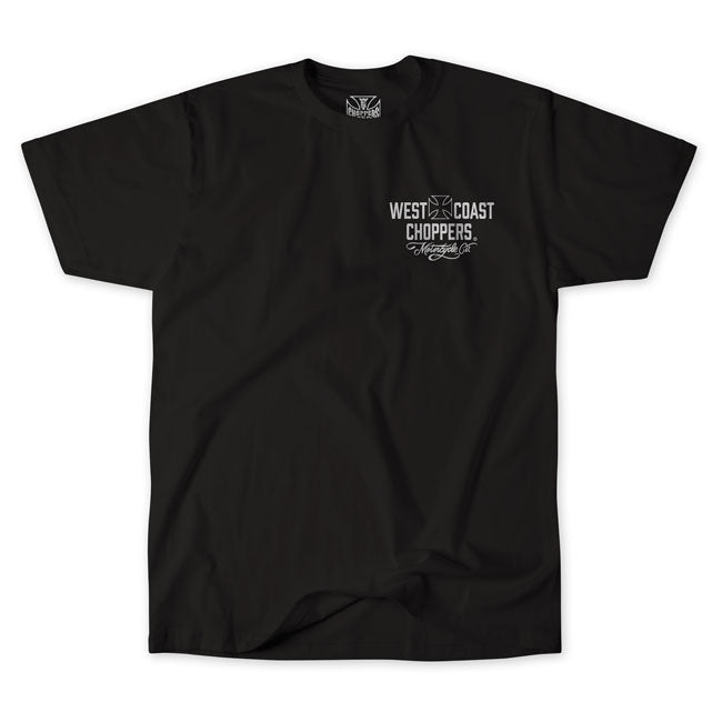 Ride in classic chopper style with the West Coast Choppers Motorcycle Co t-shirt. Crafted from 100% premium cotton; this t-shirt offers a comfortable fit and feel. Featuring the iconic Motorcycle Co. logo on both the front and back; it''s a bold statement piece for any rider. Available in several color combinations; this t-shirt combines comfort with the unmistakable West Coast Choppers attitude.