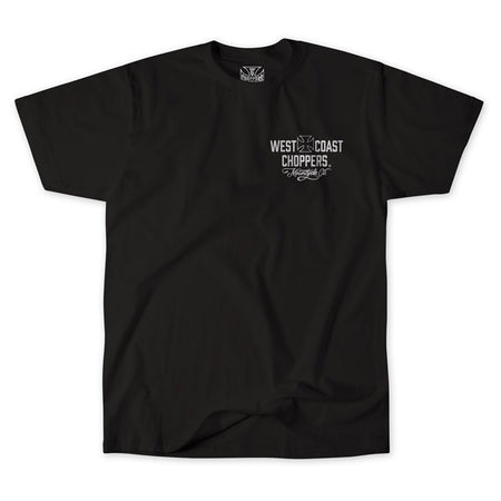 Ride in classic chopper style with the West Coast Choppers Motorcycle Co t-shirt. Crafted from 100% premium cotton; this t-shirt offers a comfortable fit and feel. Featuring the iconic Motorcycle Co. logo on both the front and back; it''s a bold statement piece for any rider. Available in several color combinations; this t-shirt combines comfort with the unmistakable West Coast Choppers attitude.