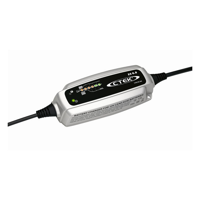 With UK wall plug.0.8A 12V trickle charger. Charges 12V lead acid batteries from 1.2Ah. to 32Ah and will even maintenance charge large; up to 100Ah.; batteries. Compact; the smallest in the CTEK line up and comes with a fully automated 6 step charge sequence. Simple to use and you can follow the whole charging process on the clear; easy to read display.  - 12V.  - 0.8 Amps.  - 1.2 Ah to 32 Ah. lead-acid batteries.  - 6 steps.  - Clamps.  - Eyelet connector.  - Splash and dust proof (IP65).  - Lead Acid batt