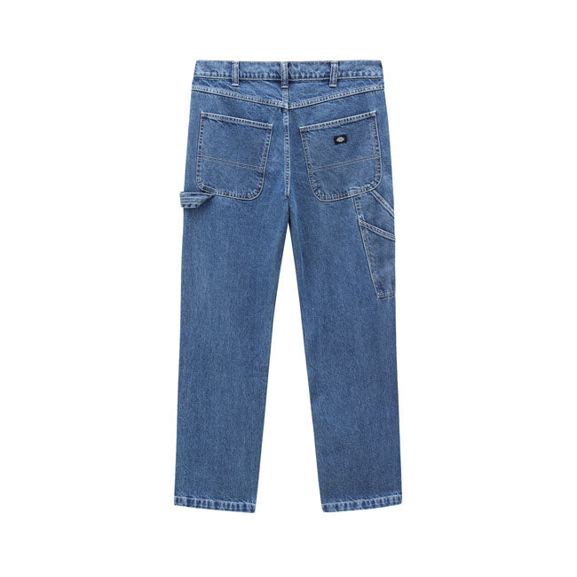 The Dickies Garyville Denim pant is one of the core pieces; a regular cut carpenter pant with authentic style and detailing. Straight fit with a slight taper on the leg featuring hammer loop and tool pocket; two rounded rear patch pockets and coin pocket on the front. Made of a hard-wearing 12.5 oz 100% cotton denim with contrast stitching; making these a classic utility carpenter pant that's built to last.