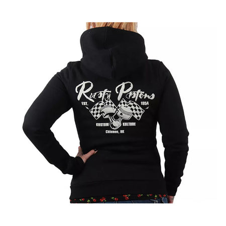 The Rusty Piston zip hoodie brings together leisure and style for women. Featuring a cozy fleece lining; this zip-up hoodie is perfect for casual comfort. Adjust the hood with drawstrings for a personalized touch. Embrace the Rusty Pistons rider spirit with patches on the chest and back; showcasing your love for the open road. A classy Rusty Pistons leather patch on the bottom hem adds authenticity. Ribbed knit detailing on the sleeves and bottom hem completes the look; providing a snug fit. Whether you''re
