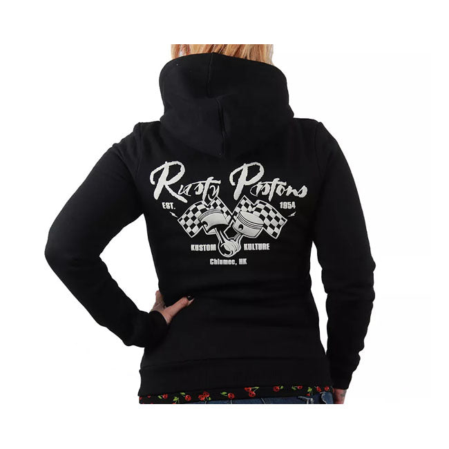 The Rusty Piston zip hoodie brings together leisure and style for women. Featuring a cozy fleece lining; this zip-up hoodie is perfect for casual comfort. Adjust the hood with drawstrings for a personalized touch. Embrace the Rusty Pistons rider spirit with patches on the chest and back; showcasing your love for the open road. A classy Rusty Pistons leather patch on the bottom hem adds authenticity. Ribbed knit detailing on the sleeves and bottom hem completes the look; providing a snug fit. Whether you''re