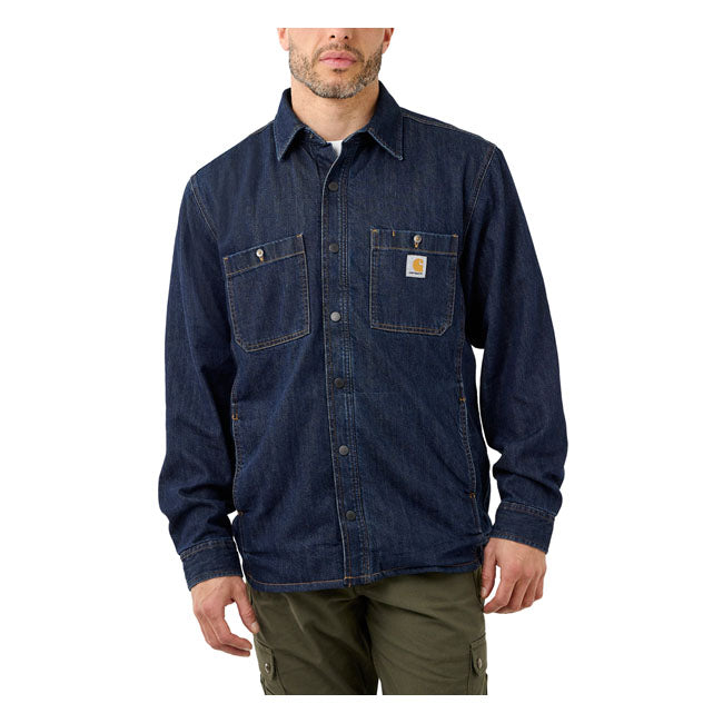Nothing says classic workwear like denim. This Carhartt denim shirt jack is warm enough to wear in place of a jacket on cool days. The iconic Carhartt blanket lining keeps you warm on or off the job. The relaxed fit makes it easy to layer or wear on its own. Relaxed fit Two-piece stand collar Two chest pockets with button closure; left chest pocket with pencil opening Two lower front pockets Snap front closure Two-button adjustable cuffs with extended plackets Drop tail hem Carhartt label sewn on po