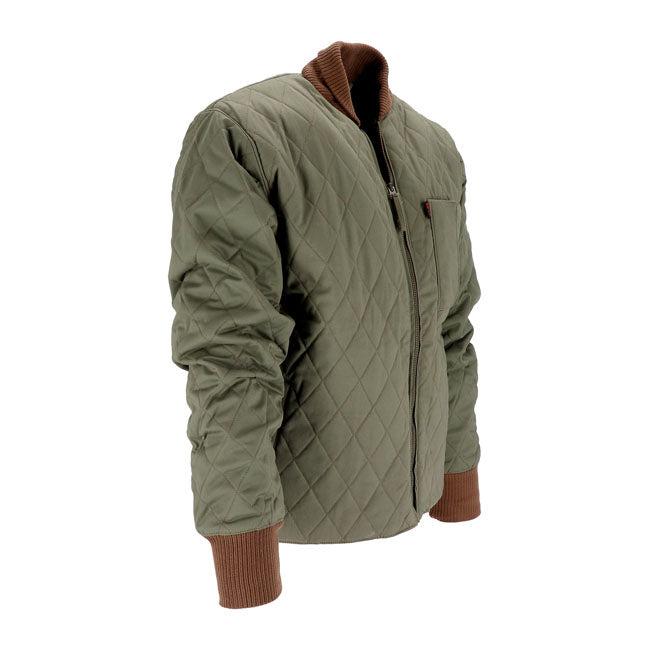 A short; warm quilted jacket with dark brown sherpa lining. It has a front zipper and an inside pocket. The extra high collar keeps your neck nice and warm; and in the front you have a flight-jacket style pocket with Velcro and zipper to keep your tobacco; registration papers or whatever you need handy.