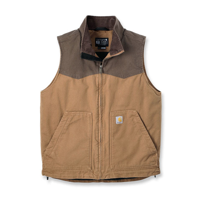 Stay comfortable on the job or off the clock. This insulated Carhartt Montana duck vest will keep you warm all day long. Plenty of pockets secure and organize essentials. A relaxed fit and extra stretch allow you to move without restriction. Relaxed fit Rugged FlexT - Allows for more movement Corduroy lined collar Mock neck Two lower front pockets with zipper closure Two interior pockets; one pocket with zipper closure and one with hook-and-loop closure Full-length front zipper with interior storm fl