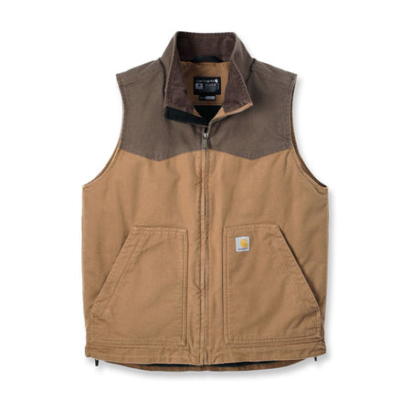 Stay comfortable on the job or off the clock. This insulated Carhartt Montana duck vest will keep you warm all day long. Plenty of pockets secure and organize essentials. A relaxed fit and extra stretch allow you to move without restriction. Relaxed fit Rugged FlexT - Allows for more movement Corduroy lined collar Mock neck Two lower front pockets with zipper closure Two interior pockets; one pocket with zipper closure and one with hook-and-loop closure Full-length front zipper with interior storm fl