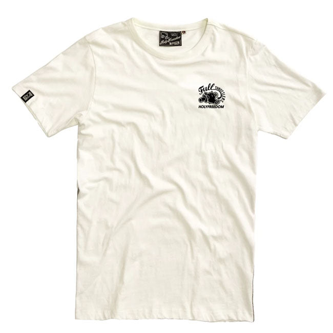 The Holy Freedom Crew t-shirt is built for those who live life on the throttle; crafted entirely from 100% recycled cotton for a soft; breathable feel that doesn't compromise the planet. With its 150 g/mý lightweight fabric; this t-shirt keeps you cool and comfortable whether you're on the road or off-duty. The classic crewneck design feature a regular fit and armhole construction for unrestricted movement and lasting comfort. A bold print on the back delivers that unmistakable Holy Freedom attitude; subtl