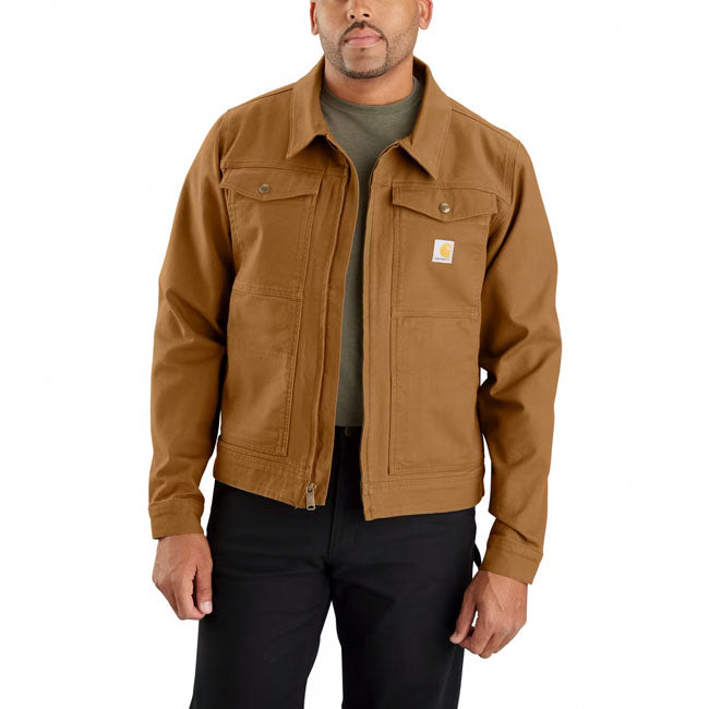 Relaxed fit ú 11.4 oz/ydý - 387 gsm ú 99% cotton/1% elastane ú stretch soft duck ú rugged flexT - eases movement ú long sleeve ú spread collar ú two chest pockets with snap closure ú two lower front side entry pockets ú two interior pockets; one pocket with zipper closure and one with hook-and-loop closure ú full-length front zipper ú adjustable cuffs ú drop tail hem with adjustable snap side tabs ú carhartt label sewn on pocket
