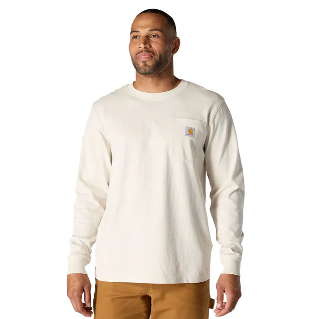 Heavyweight comfort with an outdoor edge. This Carhartt relaxed-fit long sleeve features durable jersey fabric; a chest pocket with Carhartt label; and a bold mountain logo graphic on the back-built for everyday wear on and off the trail. Relaxed Fit Rib knit crew neck Left chest pocket Rib knit cuffs Carhartt "Mountain Logo" graphic print on back Carhartt label sewn on pocket Woven Heavyweight Jersey