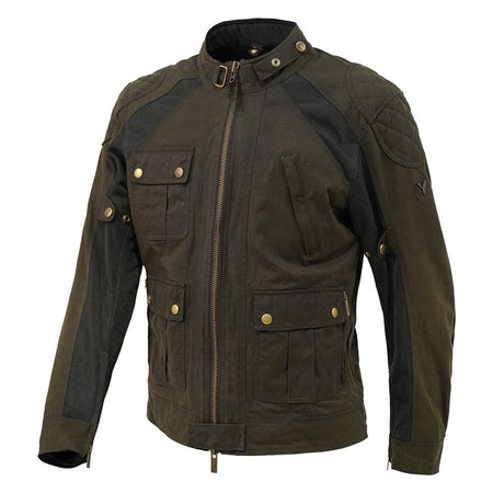 The By City Teneree Venty V jacket is made of abrasion resistant waxed cotton and mesh ventilated garment thanks to its panels on front back arms. Includes six outside pockets and two inside. Features adjustable cuffs; reflective details the YKKr zippers; front metal zipper with double slider. The jacket has a removable raincoat for both internal external use. Inner protections (back protection not included); removable Flexishock elbows shoulders EN 1621 1:2013 CE Level 2. The Teneree jacket is EN17092 4: 2