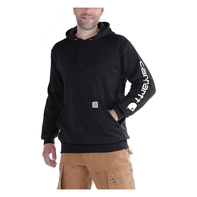 Cut the morning chill with this Carhartt Sleeve logo hoodie. A traditional cotton blend makes for versatile layering. Carhartt durability and familiar hoodie comfort mean you can strap on your tool belt or relax with equal ease. Available in a range of iconic and seasonal colors.  Loose fit Attached three-piece hood with adjustable draw cord Two lower front hand warmer pockets Stretchable; elastane reinforced rib knit cuffs and waistband Carhartt "Signature Logo" plastisol graphic print on left sleeve