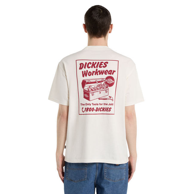 The Dickies Dry Ridge t-shirt is a relaxed fit; short sleeved t-shirt. Made with 180gsm; moisture wicking open-end cotton yarn jersey. Featuring small left handside chest logo graphic and large toolbox illustration artwork on the back; and woven Dickies side seam label. A durable and functional t-shirt for daily wear. 100% cotton 180 GSM