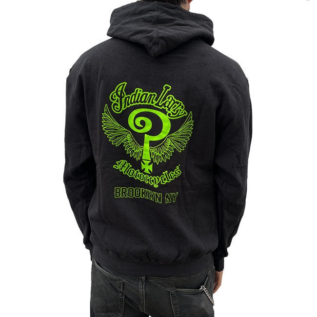Indian Larry Motorcycles Slime Logo Hoodie Zwart Katoen 100 Voorgewassen New York Ontwerp Streetwear