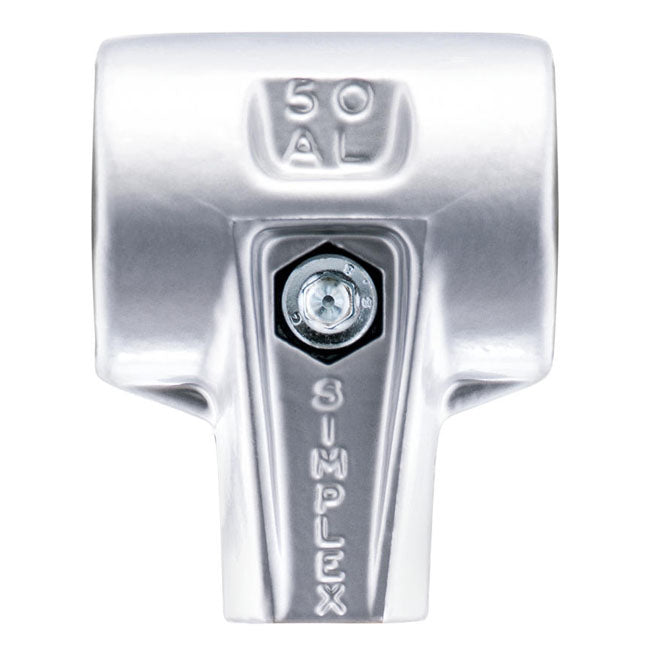 The Simplex hammer head housing only; without inserts or handle; with integrated handle-protection sleeve.  Allows the custom-build of a Simplex mallet that suits your specific needs perfectly.  Required hardware for assembly as bolt; nut and spring washer; is included.  Aluminum.  Lightweight is less impact power. This makes this aluminum head housing the right one for precision work and delicate parts.  Comes with a silver colored powder coated finish.  Note: Not compatible with soft metal & copper insert