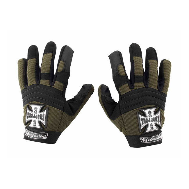 West Coast Choppers WCC Pay Up Suckers Handschoenen Olijfgroen Zwart Met Touchscreenfunctie Logo