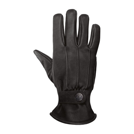 The John Doe Grinder glove gives you an elegant gentleman's glove with excellent protection. The genuine cowhide leather makes the glove extremely resistant to abrasion. The pre-curved fingers on the glove give you a secure grip on the handlebars; even on longer journeys. Grinder is an ergonomically preformed glove with a press stud on the wrist for adjustment. CE certification: EN 13594-2015 Full grain cowhide leather Push-button adjustable closure Elastic wrist Reinforced padded palm Ergonomic pre-c
