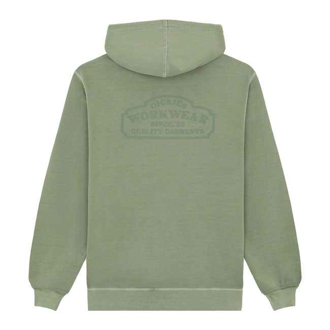 The Dickies Christiana hoodie is a relaxed fit garment dyed hoodie. Made with 340GSM cotton blend; featuring kangaroo pockets; ribbed cuffs and hem; dyed-to-match iconic woven Dickies hem loop label; and vintage inspired signage artwork graphic in small on left front chest; and large on the back. A comfortable and warm everyday piece for the colder months.