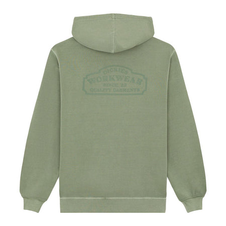 The Dickies Christiana hoodie is a relaxed fit garment dyed hoodie. Made with 340GSM cotton blend; featuring kangaroo pockets; ribbed cuffs and hem; dyed-to-match iconic woven Dickies hem loop label; and vintage inspired signage artwork graphic in small on left front chest; and large on the back. A comfortable and warm everyday piece for the colder months.