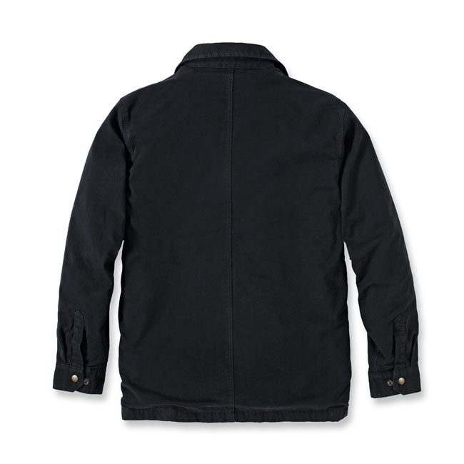 This Carhartt lined shirt jack is warm enough to wear as a jacket on cool days. It''s made of canvas with built-in flex to give you the range of motion you need on the job. A soft fleece lining defends against the cold. The relaxed-fit layer comes equipped with handwarmer pockets and a zip pocket for your wallet or keys. Relaxed fit Rugged FlexT - Allows for more movement Two-piece stand collar Two chest pockets; left chest pocket with zipper secured side entry Two lower front welt pockets Interior ch
