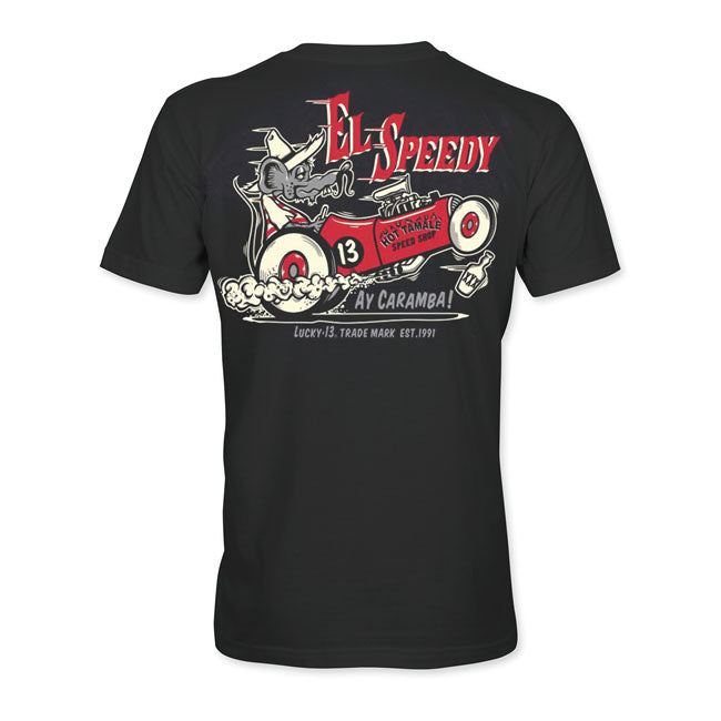 Lucky 13 El Speedy T-Shirt Zwart Met Volledige Achterprint En Voorzijde Logo 100 Procent Katoen
