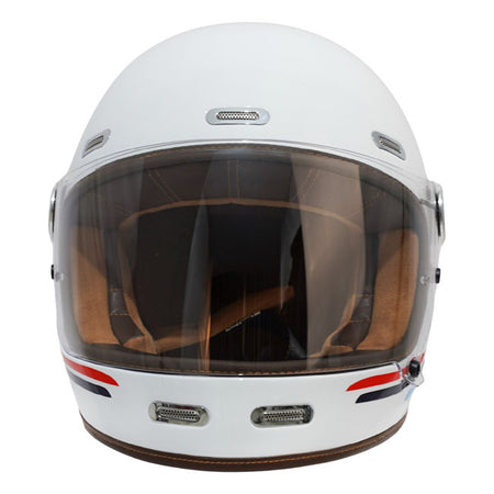 The By City Roadster III helmet blends timeless design with advanced safety. Crafted from fiberglass; it offers durability and a lightweight feel. The leather-finished; removable; and washable multi-density padding ensures maximum comfort; while ventilation inlets and a rear fastening system provide added functionality. The injected visor; anti-fog ready with by laminate; guarantees clear vision in any weather. A double buckle closure ensures a secure fit; and it's Bluetooth system ready for seamless connec