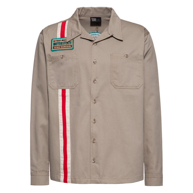 With the King Kerosin "Motor State" shirt; you''ll embrace authentic drag strip style with a clear homage to Detroit; Michigan. The large back patch with a V8 motif and Kustom Kulture lettering makes it a real eye-catcher. Racing stripes and a chest patch complete the look on the front. Crafted in a regular fit with a straight hem; shirt collar; full-length button placket; and two buttoned chest pockets. Robust material ensures long-lasting comfort; perfect worn open or buttoned up.