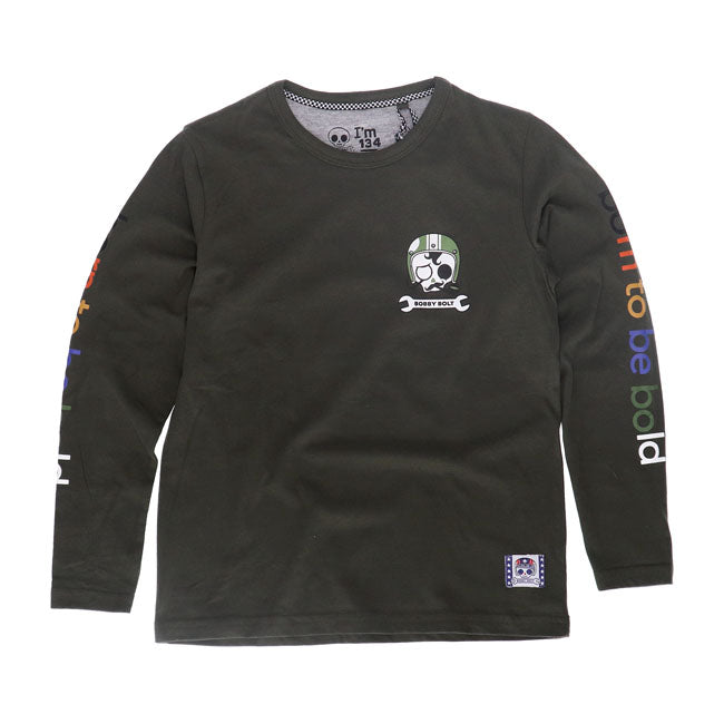 Bobby Bolt; born to be bold! Adventurous; streetwise; rebel; brave; naughty. For the next generation bikers we have the crewneck longsleeve made from soft 100% organic french terry cotton fabric for ultimate daily comfort. Features cool graphis on the sleeves and the Bobby Bolt logo on the chest. Available in army green; red and navy. Be bold be brave!