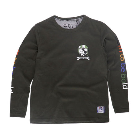 Bobby Bolt; born to be bold! Adventurous; streetwise; rebel; brave; naughty. For the next generation bikers we have the crewneck longsleeve made from soft 100% organic french terry cotton fabric for ultimate daily comfort. Features cool graphis on the sleeves and the Bobby Bolt logo on the chest. Available in army green; red and navy. Be bold be brave!
