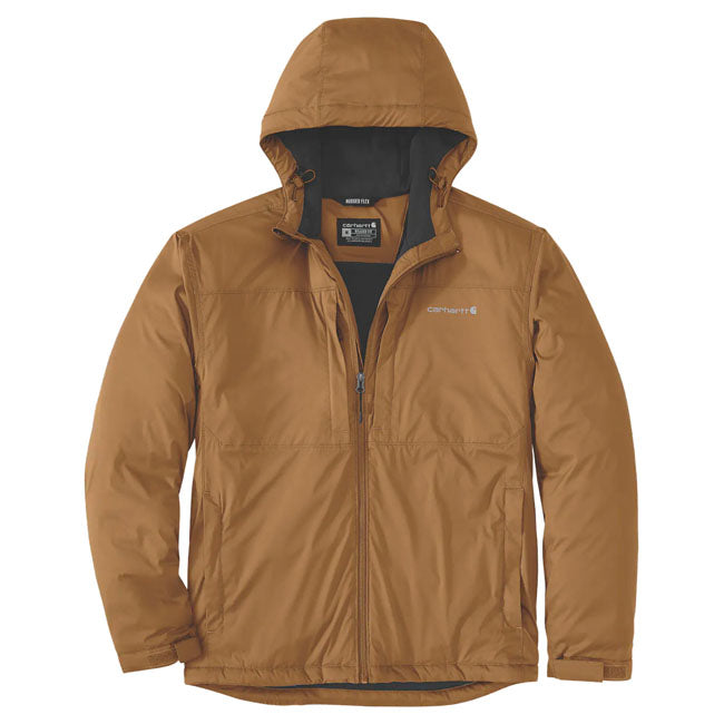 Lightweight protection packed with performance. This Carhartt relaxed-fit jacket features a water-repellent shell; wind resistance; and sweat-wicking Force Series tech. Designed with a three-piece hood; zip pockets; tapered seams; and Rugged FlexT stretch for movement in all conditions. Relaxed Fit Rugged FlexT - Allows for more movement Carhartt ForceT - FastDryT Technology is engineered to fight sweat and dry fast; so you stay cool and comfortable 24/7 Wind FighterT - Wind resistant Attached three-pi