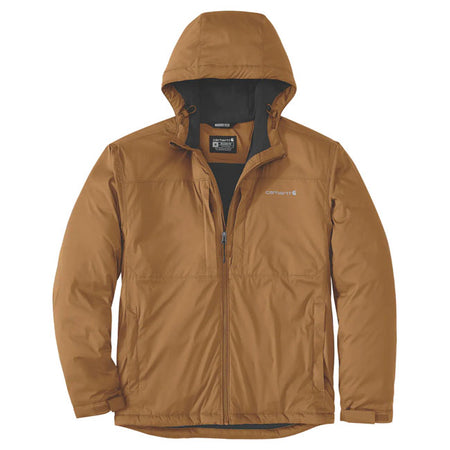 Lightweight protection packed with performance. This Carhartt relaxed-fit jacket features a water-repellent shell; wind resistance; and sweat-wicking Force Series tech. Designed with a three-piece hood; zip pockets; tapered seams; and Rugged FlexT stretch for movement in all conditions. Relaxed Fit Rugged FlexT - Allows for more movement Carhartt ForceT - FastDryT Technology is engineered to fight sweat and dry fast; so you stay cool and comfortable 24/7 Wind FighterT - Wind resistant Attached three-pi