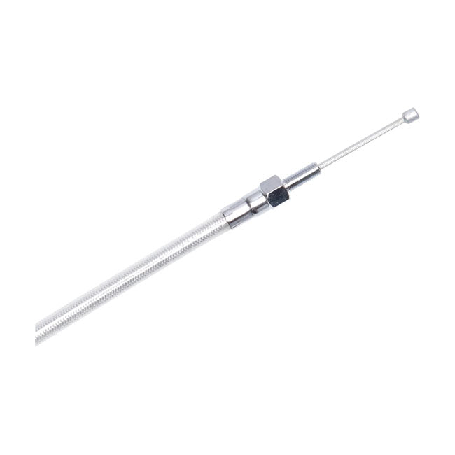 High efficiency clutch cable.  This Motorcycle Storehouse control cable comes in a ''chrome'' finish; with a braided stainless steel outer cable; with a clear protective coating; and chrome fittings.  Oversize or undersize lengths (longer/shorter than standard) is not given since many different standard lengths exist. Instead they is available in a range of custom lengths to best suit your stock or custom application.  Note: Dimensions as given are outer cable length; which includes the adjuster placed at 2