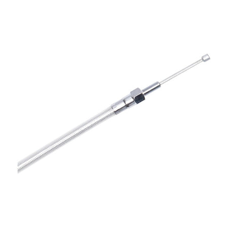 High efficiency clutch cable.  This Motorcycle Storehouse control cable comes in a ''chrome'' finish; with a braided stainless steel outer cable; with a clear protective coating; and chrome fittings.  Oversize or undersize lengths (longer/shorter than standard) is not given since many different standard lengths exist. Instead they is available in a range of custom lengths to best suit your stock or custom application.  Note: Dimensions as given are outer cable length; which includes the adjuster placed at 2