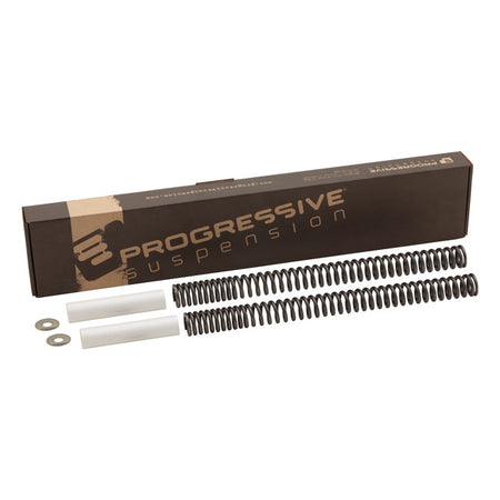 Progressive rate fork springs of superior quality. Precision wound and made of high quality chrome silicon wire. Provides a smooth ride but the progressive rate helps prevent bottoming out when taking big bumps. Each kit comes with progressive fork springs and necessary spacers. OEM replacement reference 45500293; 45500294