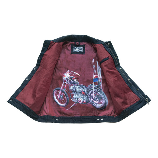 The 13 1/2  Rain-Splitter denim vest isn't waterproof as the name might suggest; but is named after Luuk's Rain-Splitter chopper which was featured in 13 and a Half Magazine #12.This vest is made of 14 oz. Tennessee denim; and the Rain-Splitter chopper is printed on the lining. There's a zipper and push buttons on the front and zippers on the side pockets and inner pocket. Also available in black. Look no further: this is your new favorite denim vest!