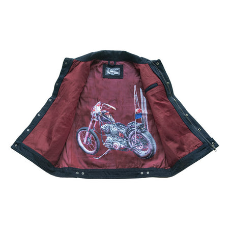 The 13 1/2  Rain-Splitter denim vest isn't waterproof as the name might suggest; but is named after Luuk's Rain-Splitter chopper which was featured in 13 and a Half Magazine #12.This vest is made of 14 oz. Tennessee denim; and the Rain-Splitter chopper is printed on the lining. There's a zipper and push buttons on the front and zippers on the side pockets and inner pocket. Also available in black. Look no further: this is your new favorite denim vest!
