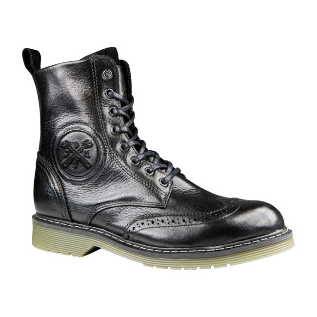 The John Doe Sixty Budapest is an elegant leather boot that does not compromise on safety. The design features ankle; heel and forefoot reinforcement for the necessary protection. The water barrier on the tongue helps keep water from washing into the boot; a zipper on the side adds convenience and comfort. Sixty Black Budapest boot is equipped with an oil-resistant; vibration-absorbing non-slip sole and sports the typical Budapest brogue design. CE certification: EN 13634:2017 Vintage cowhide leather  Wa