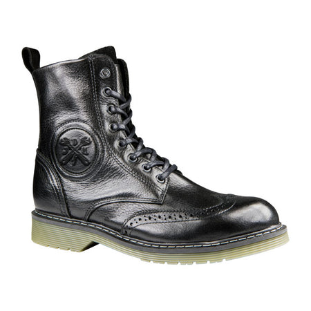 The John Doe Sixty Budapest is an elegant leather boot that does not compromise on safety. The design features ankle; heel and forefoot reinforcement for the necessary protection. The water barrier on the tongue helps keep water from washing into the boot; a zipper on the side adds convenience and comfort. Sixty Black Budapest boot is equipped with an oil-resistant; vibration-absorbing non-slip sole and sports the typical Budapest brogue design. CE certification: EN 13634:2017 Vintage cowhide leather  Wa