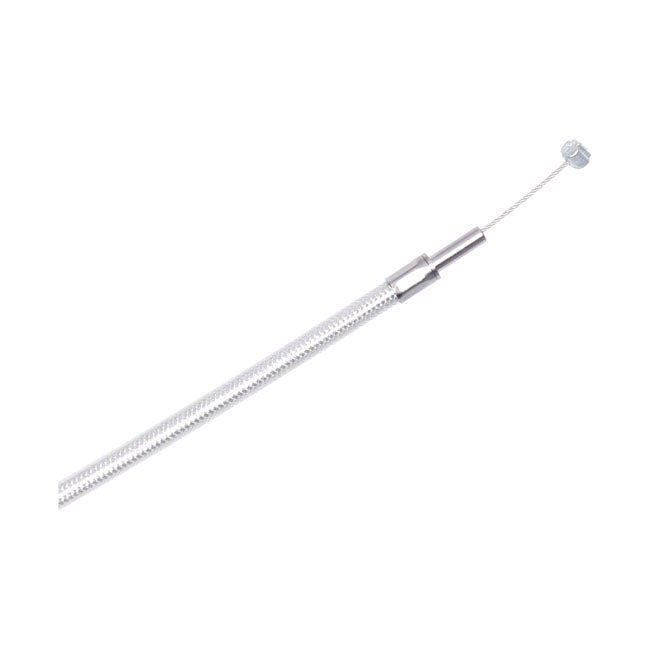 Elbow 90ø. Chrome coated. Throttle cable (pull cable) has the stock non-threaded circlip design.  - Length mentioned is outer cable length  - Inner cable sticks out 4-15/16".  This Motorcycle Storehouse control cable comes in a ''chrome'' finish; with a brained stainless steel outer cable; with a clear protective coating; and chrome plated fittings.  Oversize or undersize lengths (longer/shorter than standard) is not given since many different standard lengths exist. Instead it is available in a range of c