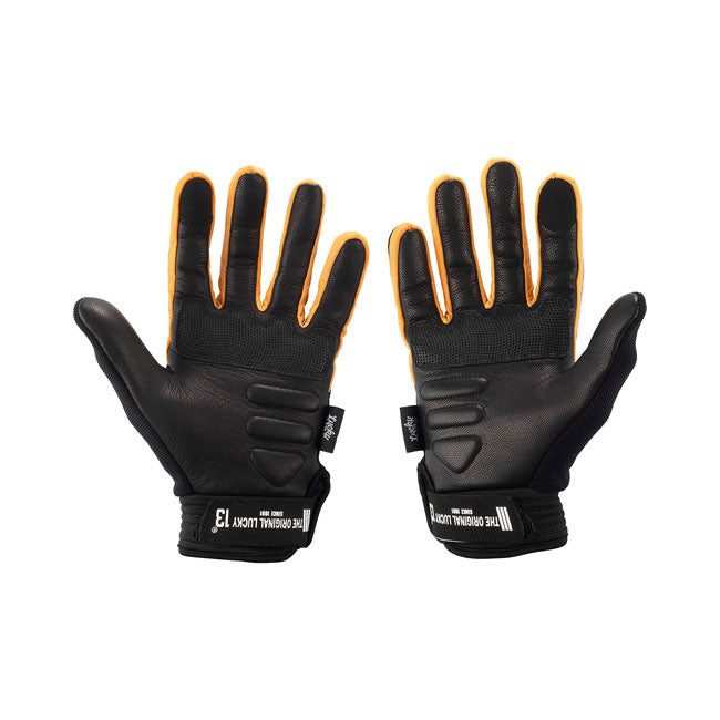Strudy and high quality black/ yellow leather gloves. These gloves feature the iconic Lucky 13 Skull Logo on the back of the gloves. 60% Genuine Leather; 30% Polyester Fourway Spandex; 5% Neoprene; 5% Pvc Rubber.