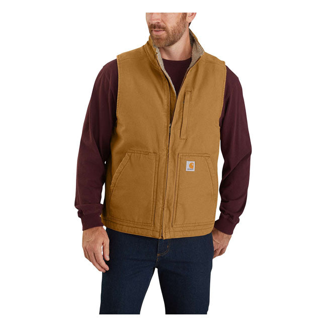 On a cool day; layer up and head out into the field in this Carhartt Sherpa lined vest. Made with rugged cotton duck; it''s sherpa-lined on the inside for extra warmth and comfort. A zip pocket on the chest and two inside pockets provide storage for the tools of your trade. Loose Fit Wind FighterT - Wind resistant Mock neck Sleeveless Chest pocket with zipper closure Two sherpa-lined lower front pockets Front pockets with Sherpa lining Pen stall on wearer''s right lower front pocket Full-length fro