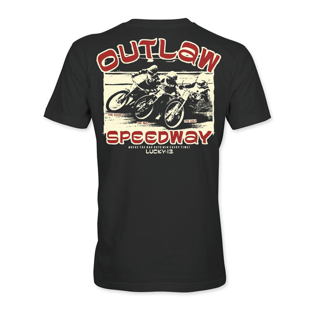 Lucky 13 Outlaw Speedway T Shirt Zwart Volledig Bedrukt Rug En Voorzijde Logo 100 Procent Katoen