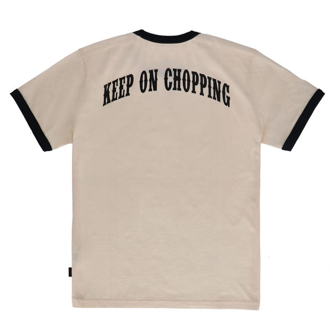 `Keep On Choppin' a tribute to the chopper lifestyle! This 100% cotton single jersey ringer t-shirts offer a regular fit for ultimate comfort and a classic look. Designed with bold graphics; they bring vintage vibes with a modern edge. Whether you go for the clean black-and-white style or the striking yellow-and-black combo; this t-shirt is perfect for those who live to ride.