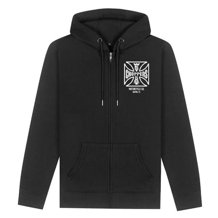 Built for those who live fast and ride hard; the OG ATX zip hoodie from West Coast Choppers delivers heavyweight comfort with unapologetic style. This classic black zip-up features the iconic OG cross logo loud on the back and subtly on the chest; making a bold statement from every angle. Crafted from a thick; durable cotton blend; it's designed to keep you warm whether you're burning rubber; wrenching in the garage; or just kicking back between rides. With a drawstring hood; split kangaroo pockets; and a t
