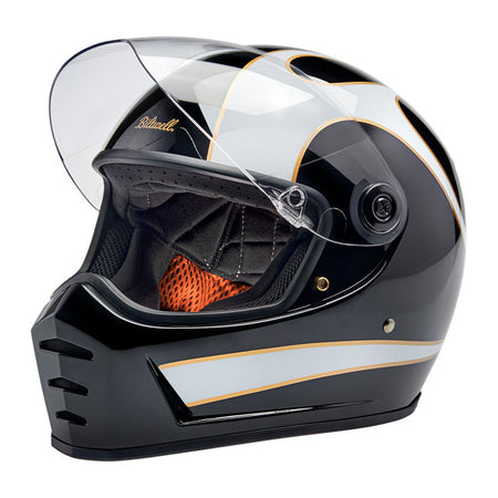 Progressively styled and rigorously tested; the Biltwell Lane Splitter; ECE 06 and DOT approved; helmet is a top choice for riders who demand comfort and high performance. The aggressive looking lines of this helmet truly set it apart in the retro-styled helmet market. Features include a rugged ABS outer shell with hand-painted finish; ventilated and shock-absorbing EPS safety liner with gorgeous hand-stitched interior padding; removable cheek pads; clear anti-fog and anti-scratch CE-certified shield. Also 