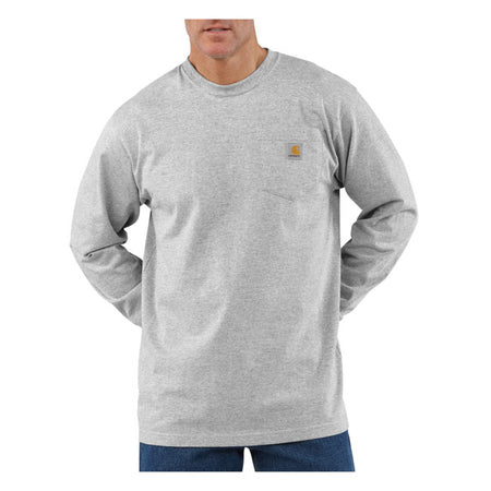 Since 1889; Carhartt has made durable workwear you can count on as you tackle the toughest jobs. This Pocket long sleeve bears the Carhartt logo proudly on the chest pocket. It''s made of heavyweight cotton jersey and cut generously for a roomy fit. Loose fit Rib knit crew neck Left chest pocket Rib knit cuffs Flat two needle cover stitch hem Carhartt label sewn on pocket Woven 6.75 oz/ydý - 229 gsm Heavyweight jersey