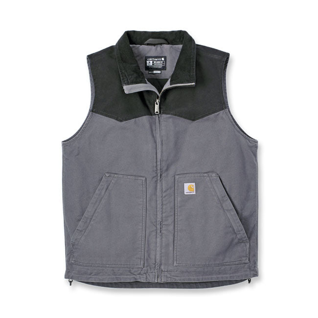 Stay comfortable on the job or off the clock. This insulated Carhartt Montana duck vest will keep you warm all day long. Plenty of pockets secure and organize essentials. A relaxed fit and extra stretch allow you to move without restriction. Relaxed fit Rugged FlexT - Allows for more movement Corduroy lined collar Mock neck Two lower front pockets with zipper closure Two interior pockets; one pocket with zipper closure and one with hook-and-loop closure Full-length front zipper with interior storm fl