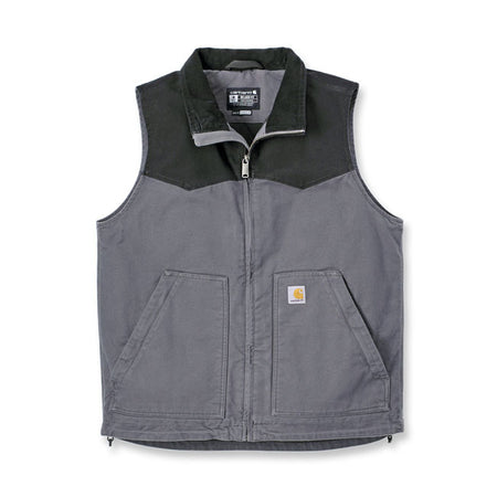Stay comfortable on the job or off the clock. This insulated Carhartt Montana duck vest will keep you warm all day long. Plenty of pockets secure and organize essentials. A relaxed fit and extra stretch allow you to move without restriction. Relaxed fit Rugged FlexT - Allows for more movement Corduroy lined collar Mock neck Two lower front pockets with zipper closure Two interior pockets; one pocket with zipper closure and one with hook-and-loop closure Full-length front zipper with interior storm fl