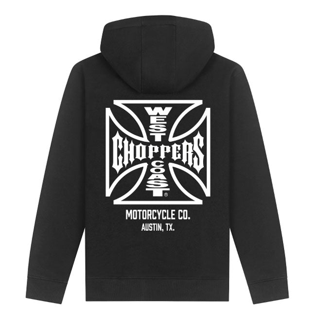 West Coast Choppers WCC ATX Cross Hoodie Zwart Wit Met OG Kruislogo Op Rug En Kangoeroezakken